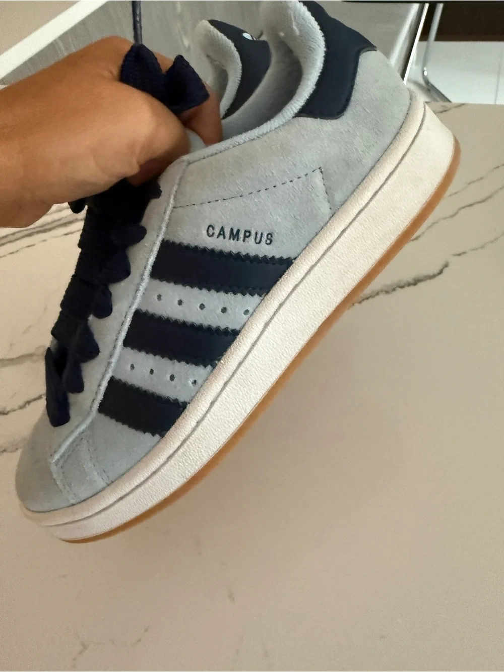 Light Blue Suede Sneakers with Navy Laces